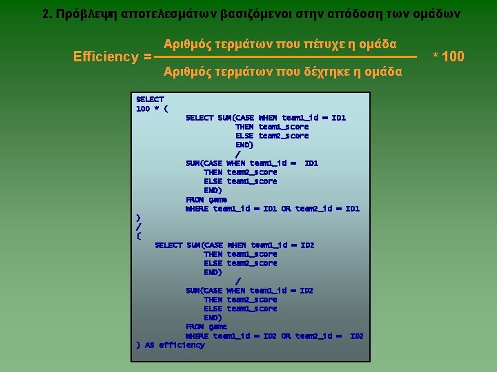 2. Πρόβλεψη αποτελεσμάτων βασιζόμενοι στην απόδοση των ομάδων Efficiency = Αριθμός τερμάτων που πέτυχε