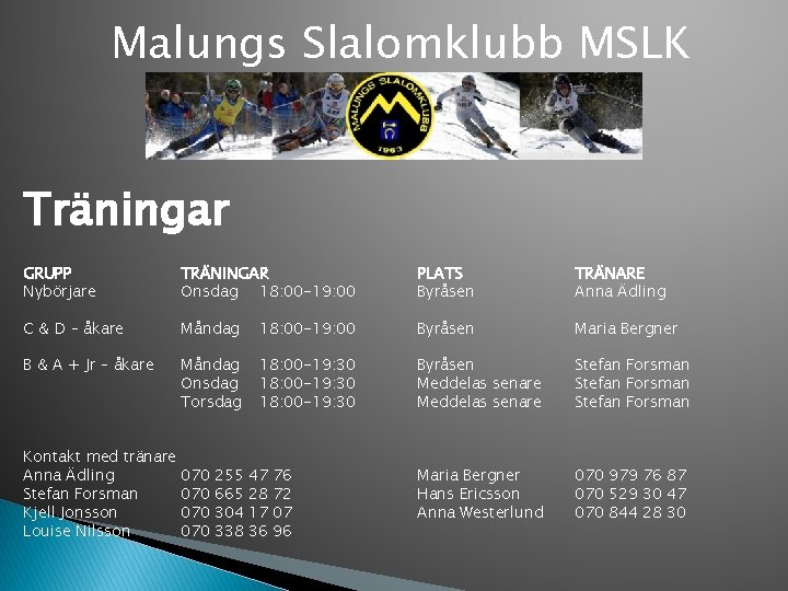 Malungs Slalomklubb MSLK Träningar GRUPP Nybörjare TRÄNINGAR Onsdag 18: 00 -19: 00 PLATS Byråsen