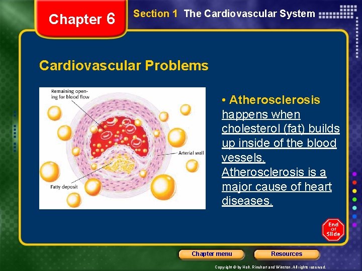 Chapter 6 Section 1 The Cardiovascular System Cardiovascular Problems • Atherosclerosis happens when cholesterol