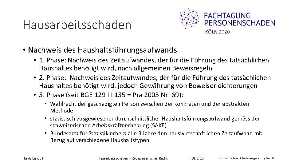 Hausarbeitsschaden KÖLN 2020 • Nachweis des Haushaltsführungsaufwands • 1. Phase: Nachweis des Zeitaufwandes, der