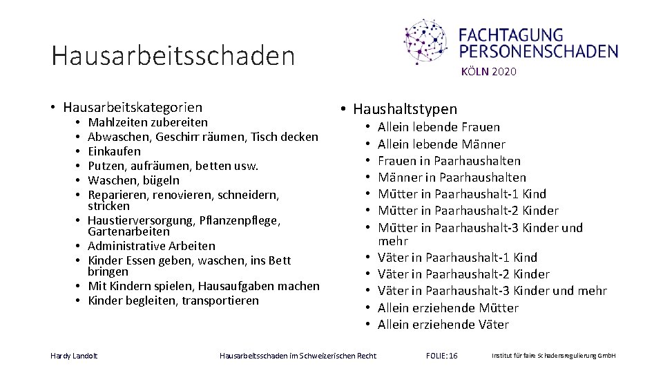 Hausarbeitsschaden • Hausarbeitskategorien • • • Mahlzeiten zubereiten Abwaschen, Geschirr räumen, Tisch decken Einkaufen