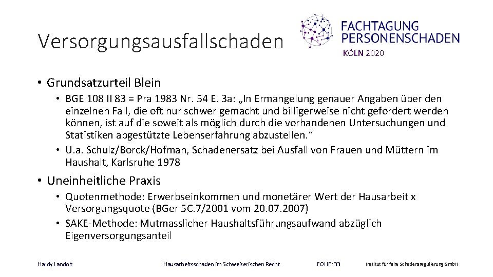 Versorgungsausfallschaden KÖLN 2020 • Grundsatzurteil Blein • BGE 108 II 83 = Pra 1983