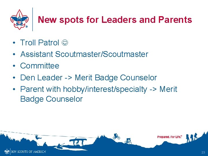 New spots for Leaders and Parents • • • Troll Patrol Assistant Scoutmaster/Scoutmaster Committee