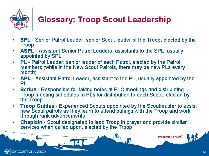 Glossary: Troop Scout Leadership • • SPL - Senior Patrol Leader, senior Scout leader