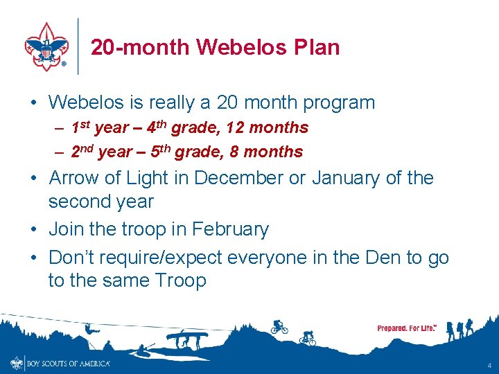 20 -month Webelos Plan • Webelos is really a 20 month program – 1