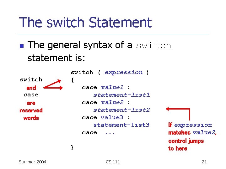 The switch Statement n The general syntax of a switch statement is: switch and