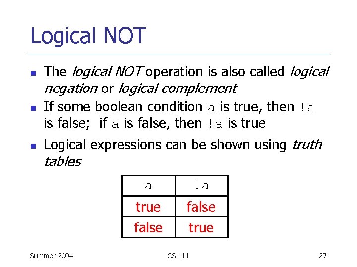 Logical NOT n n n The logical NOT operation is also called logical negation
