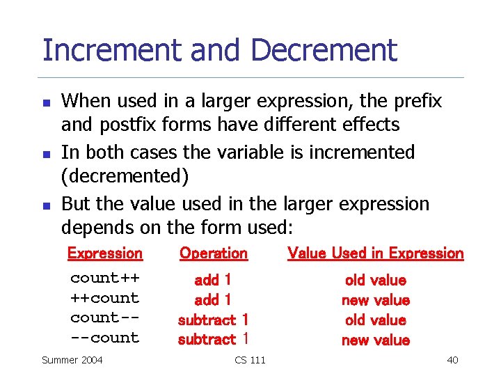 Increment and Decrement n n n When used in a larger expression, the prefix