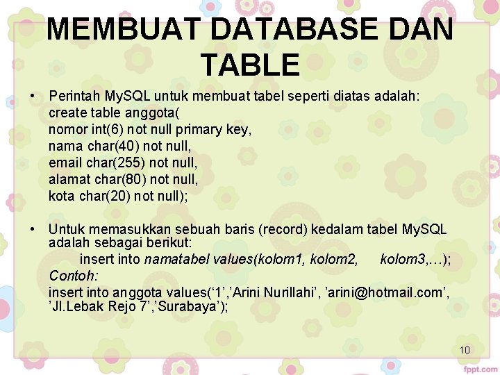 MEMBUAT DATABASE DAN TABLE • Perintah My. SQL untuk membuat tabel seperti diatas adalah: MEMBUAT DATABASE DAN TABLE • Perintah My. SQL untuk membuat tabel seperti diatas adalah: