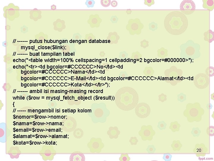 // ------ putus hubungan dengan database mysql_close($link); // ------ buat tampilan tabel echo("<table width=100% // ------ putus hubungan dengan database mysql_close($link); // ------ buat tampilan tabel echo("<table width=100%