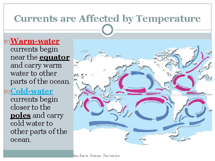 Currents are Affected by Temperature Warm-water currents begin near the equator and carry warm