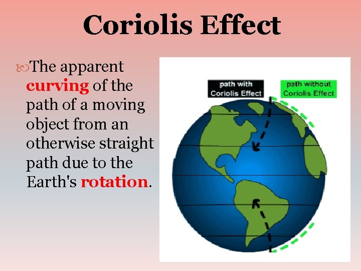 Coriolis Effect The apparent curving of the path of a moving object from an