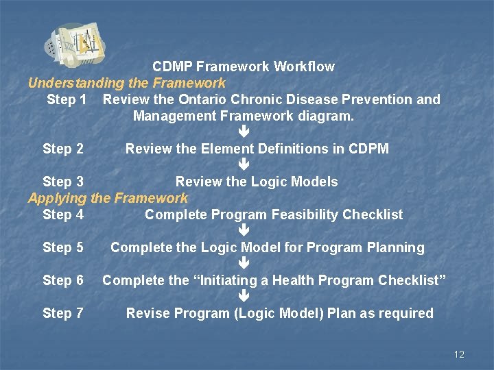 CDMP Framework Workflow Understanding the Framework Step 1 Review the Ontario Chronic Disease Prevention