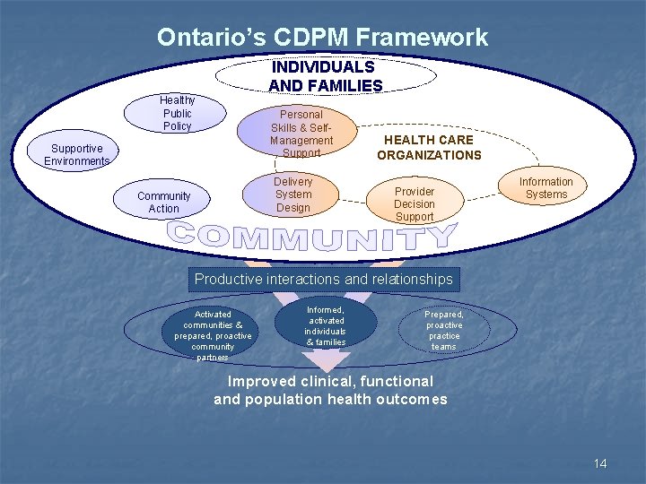 Ontario’s CDPM Framework INDIVIDUALS AND FAMILIES Healthy Public Policy Personal Skills & Self. Management