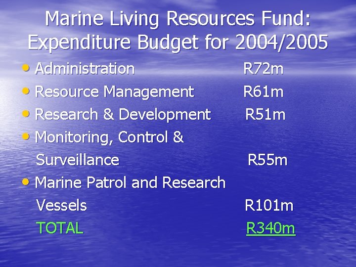 Marine Living Resources Fund: Expenditure Budget for 2004/2005 • Administration R 72 m •