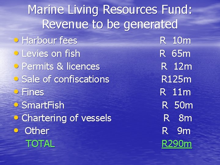 Marine Living Resources Fund: Revenue to be generated • Harbour fees • Levies on
