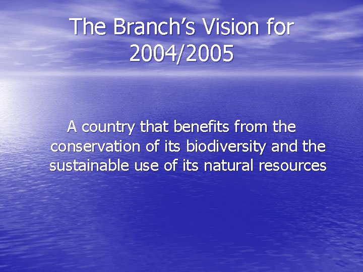 The Branch’s Vision for 2004/2005 A country that benefits from the conservation of its