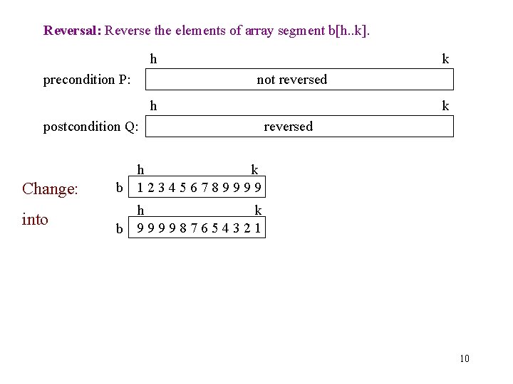 Reversal: Reverse the elements of array segment b[h. . k]. h precondition P: k