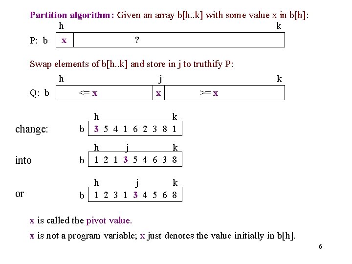 Partition algorithm: Given an array b[h. . k] with some value x in b[h]: