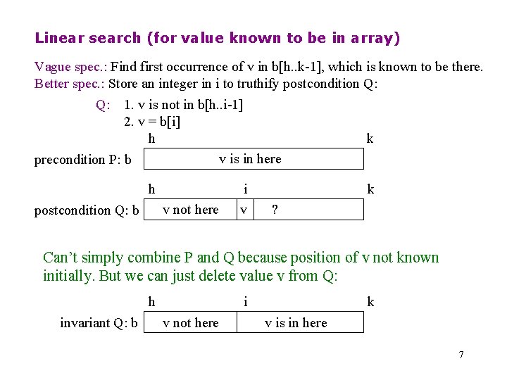 Linear search (for value known to be in array) Vague spec. : Find first