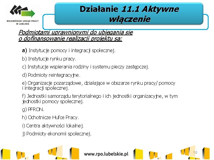 Działanie 11. 1 Aktywne włączenie Podmiotami uprawnionymi do ubiegania się o dofinansowanie realizacji projektu