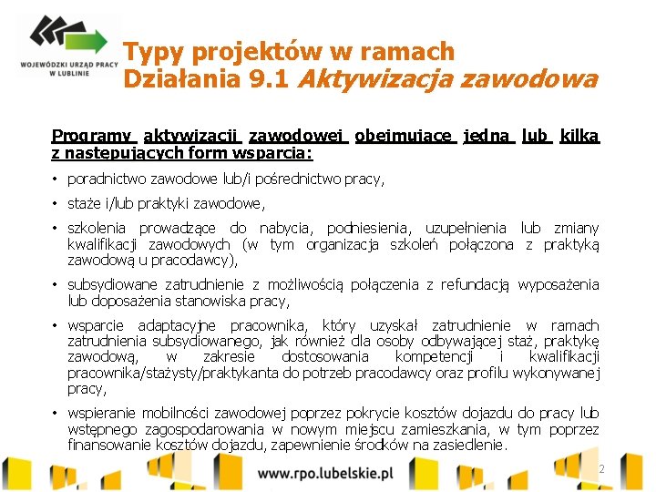 Typy projektów w ramach Działania 9. 1 Aktywizacja zawodowa Programy aktywizacji zawodowej obejmujące jedną