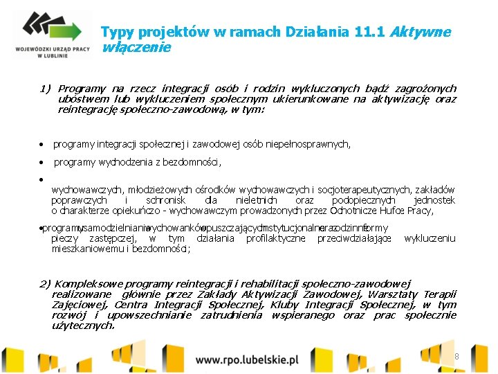 Typy projektów w ramach Działania 11. 1 Aktywne włączenie 1) Programy na rzecz integracji