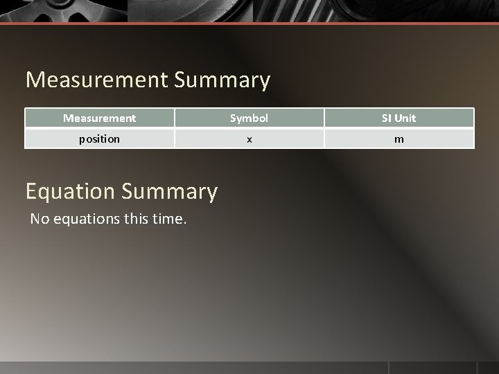 Measurement Summary Measurement Symbol SI Unit position x m Equation Summary No equations this