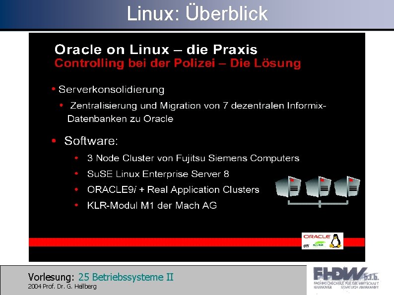 Linux: Überblick Vorlesung: 25 Betriebssysteme II 2004 Prof. Dr. G. Hellberg 
