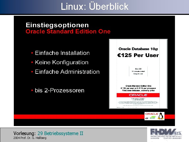 Linux: Überblick Vorlesung: 29 Betriebssysteme II 2004 Prof. Dr. G. Hellberg 