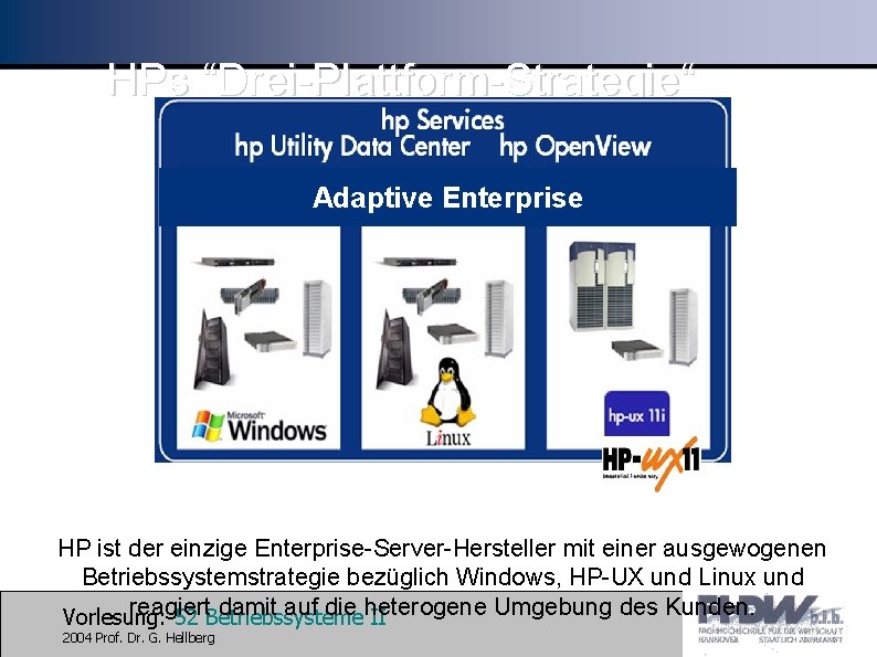 HPs “Drei-Plattform-Strategie“ Adaptive Enterprise HP ist der einzige Enterprise-Server-Hersteller mit einer ausgewogenen Betriebssystemstrategie bezüglich