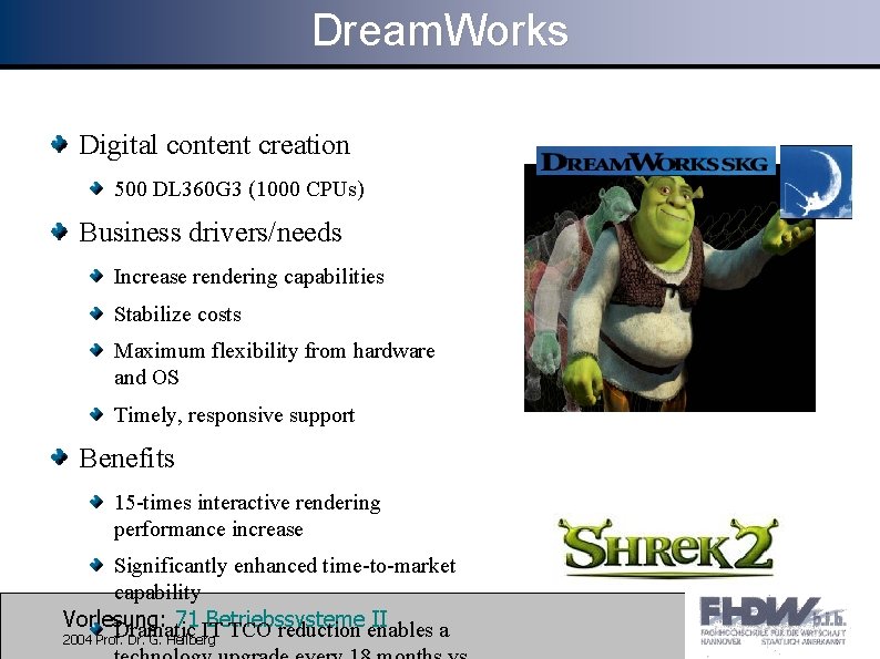 Dream. Works Digital content creation 500 DL 360 G 3 (1000 CPUs) Business drivers/needs