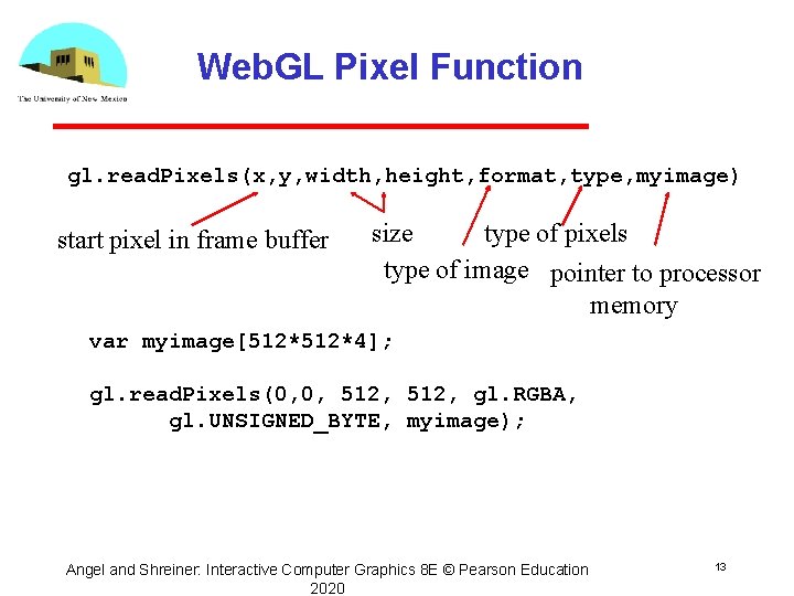 Web. GL Pixel Function gl. read. Pixels(x, y, width, height, format, type, myimage) start