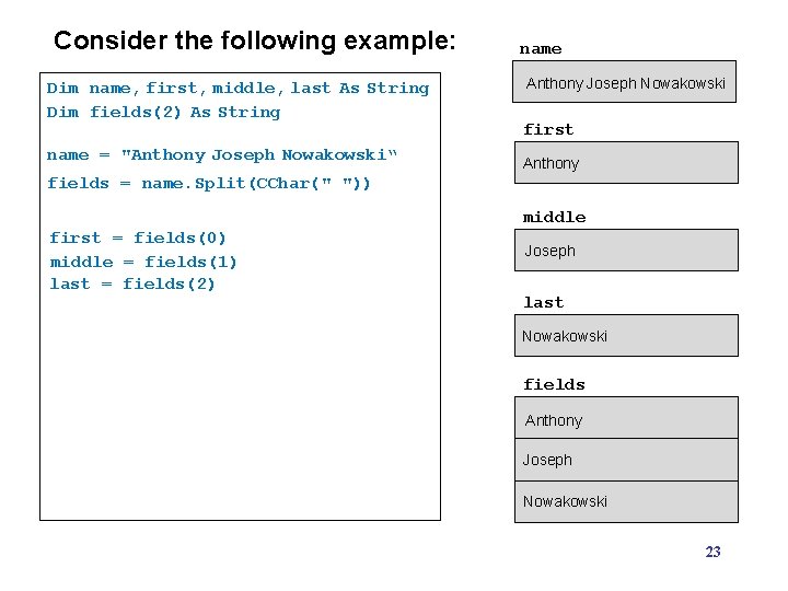 Consider the following example: Dim name, first, middle, last As String Dim fields(2) As Consider the following example: Dim name, first, middle, last As String Dim fields(2) As