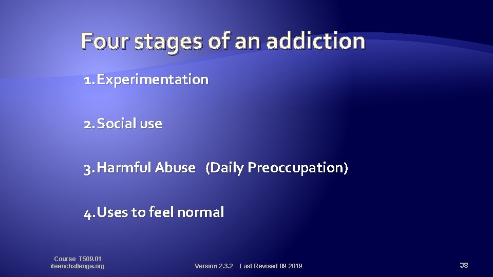 Four stages of an addiction 1. Experimentation 2. Social use 3. Harmful Abuse (Daily