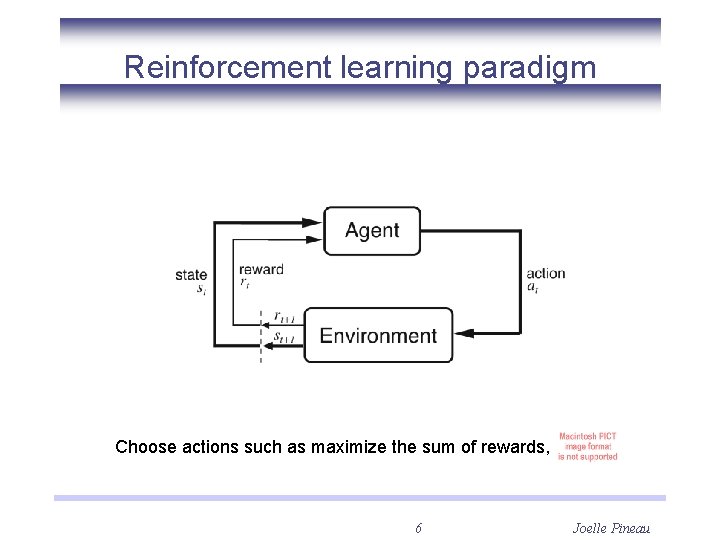 Reinforcement learning paradigm Choose actions such as maximize the sum of rewards, 6 Joelle