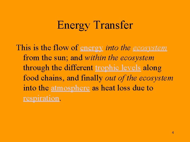 Energy Transfer This is the flow of energy into the ecosystem from the sun;