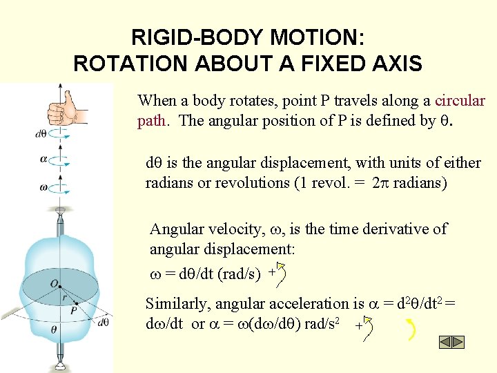 RIGID-BODY MOTION: ROTATION ABOUT A FIXED AXIS When a body rotates, point P travels