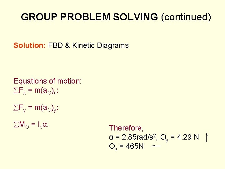 GROUP PROBLEM SOLVING (continued) Solution: FBD & Kinetic Diagrams Equations of motion: Fx =