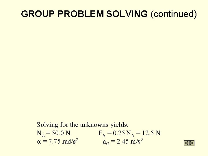 GROUP PROBLEM SOLVING (continued) Solving for the unknowns yields: NA = 50. 0 N