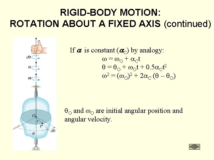RIGID-BODY MOTION: ROTATION ABOUT A FIXED AXIS (continued) If is constant ( C) by