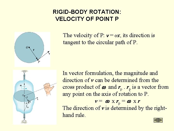 RIGID-BODY ROTATION: VELOCITY OF POINT P The velocity of P: v = r, its