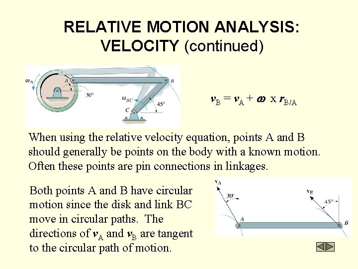 RELATIVE MOTION ANALYSIS: VELOCITY (continued) v. B = v. A + w x r.