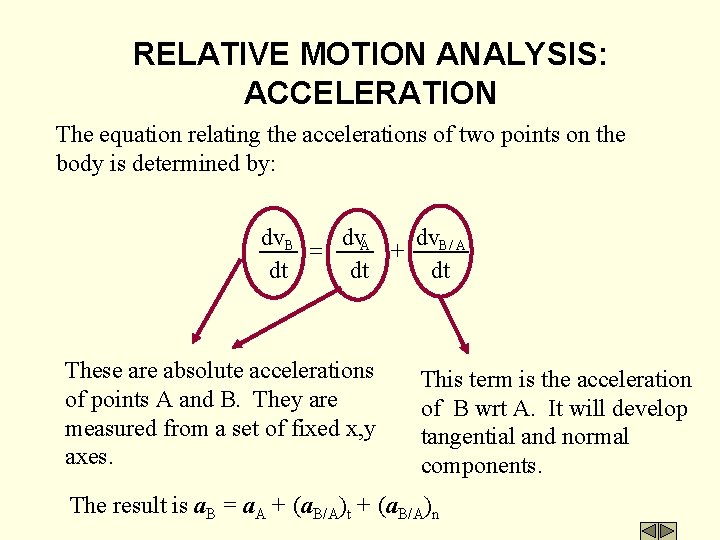 RELATIVE MOTION ANALYSIS: ACCELERATION The equation relating the accelerations of two points on the