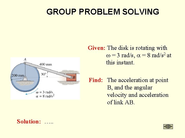 GROUP PROBLEM SOLVING Given: The disk is rotating with = 3 rad/s, = 8