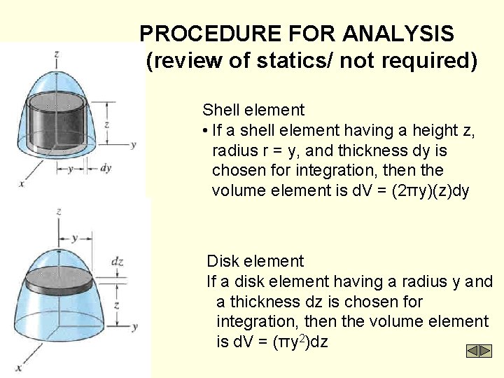 PROCEDURE FOR ANALYSIS (review of statics/ not required) Shell element • If a shell