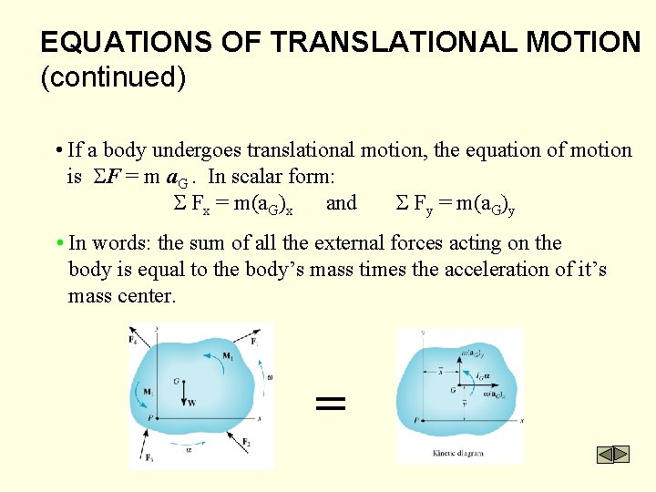 EQUATIONS OF TRANSLATIONAL MOTION (continued) • If a body undergoes translational motion, the equation