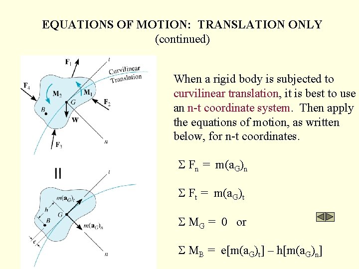 EQUATIONS OF MOTION: TRANSLATION ONLY (continued) When a rigid body is subjected to curvilinear