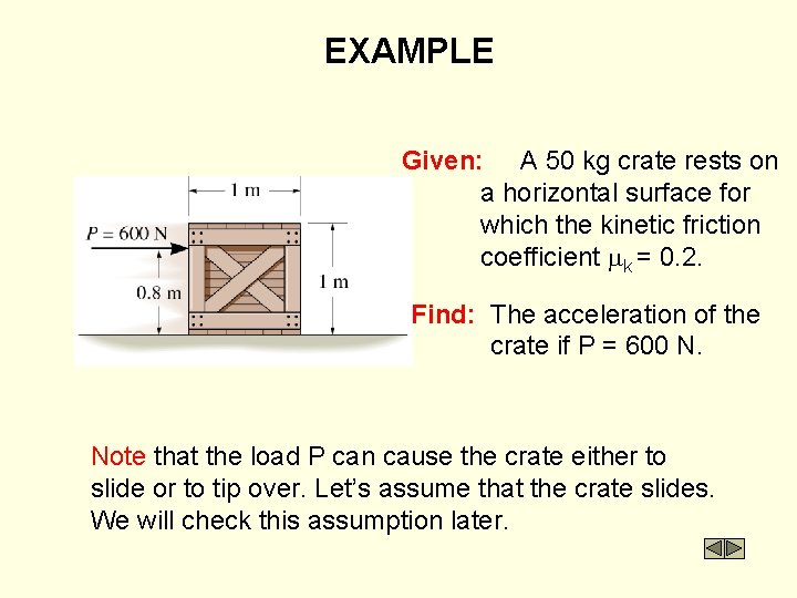 EXAMPLE Given: A 50 kg crate rests on a horizontal surface for which the