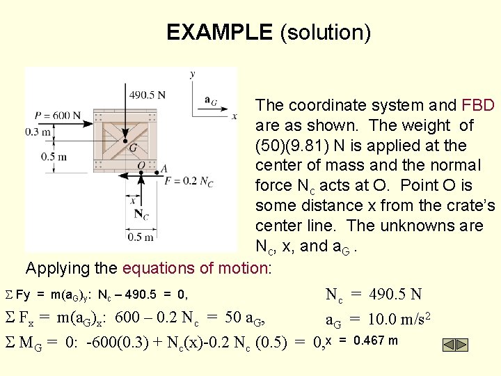 EXAMPLE (solution) The coordinate system and FBD are as shown. The weight of (50)(9.